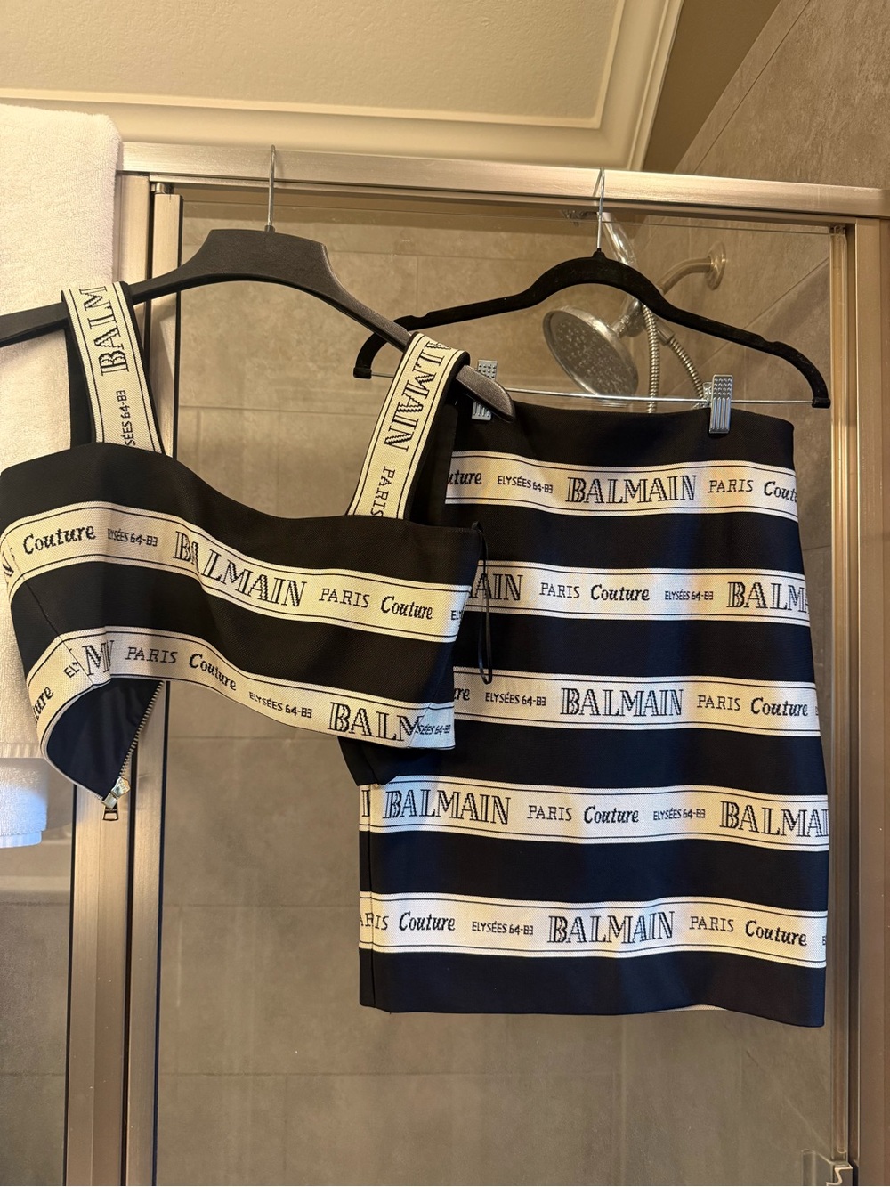 Balmain Black & Cream Logo Top & Skirt
